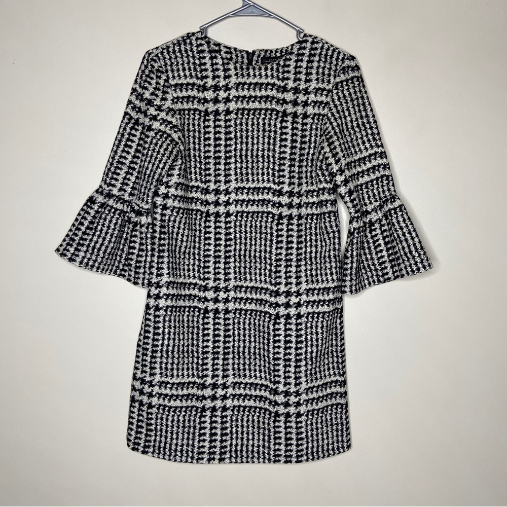 Zara Woman Shift Dress Black White Houndstooth Plaid Bell Sleeve Mini XS